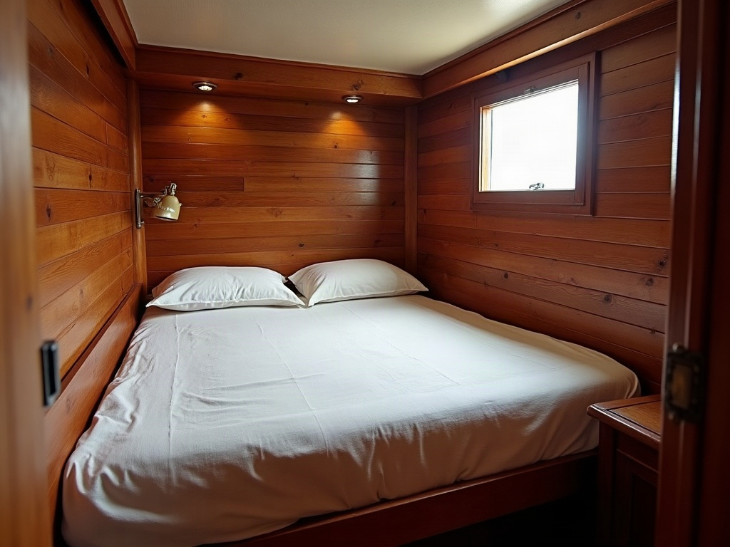 Teak-panelled guest cabin with double berth and porthole aboard a phinisi cruise vessel
