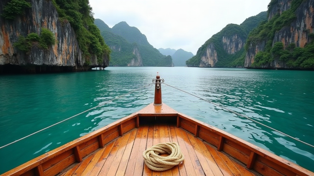 Bow deck of a wooden cruise vessel passing through a channel between limestone islands in Raja Ampat