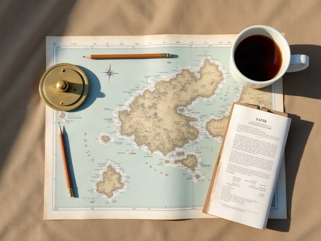 Chart, dividers and printed itinerary laid out on deck for planning a Raja Ampat cruise route