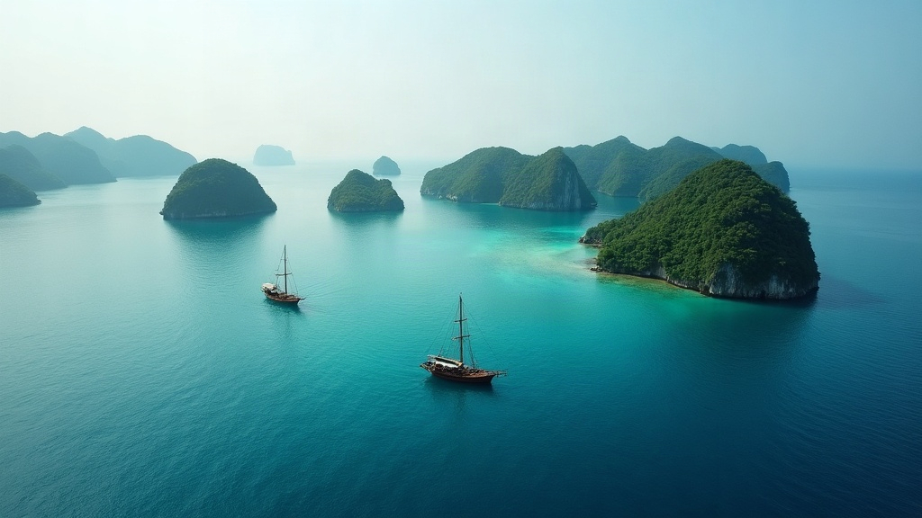 Wooden phinisi cruise vessel anchored among green karst islets in Raja Ampat, early morning